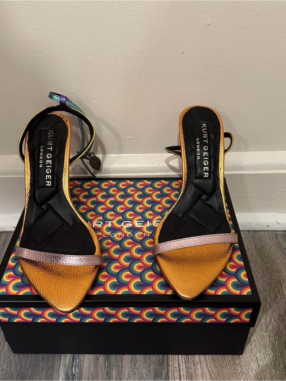 Kurt Geiger Gold Metallic Pointed Toe Ankle-Strap Heels with Pink Strap